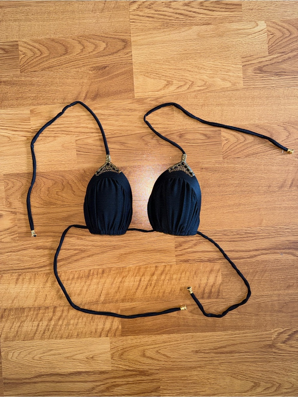 Lua Morena Brazilian Black Halter Bikini Top with Gold Accents